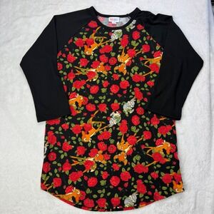 LuLaRoe Disney Bambi Thumper Floral Raglan Shirt Womens Medium Black Red Rose